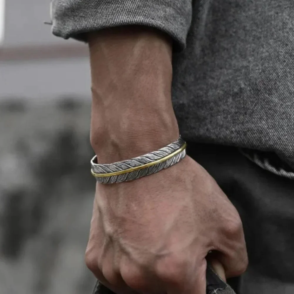 Takahashi Goro's Handmade Silver Golden Feather Cuff Bracelet Bangle